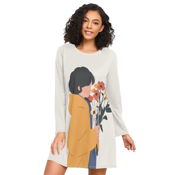 FORMRS Womens Long Sleeve Nightgowns Crew Neck Sleep Shirt Soft Pajamas Sizes S-3XL, Cartoon Flowers