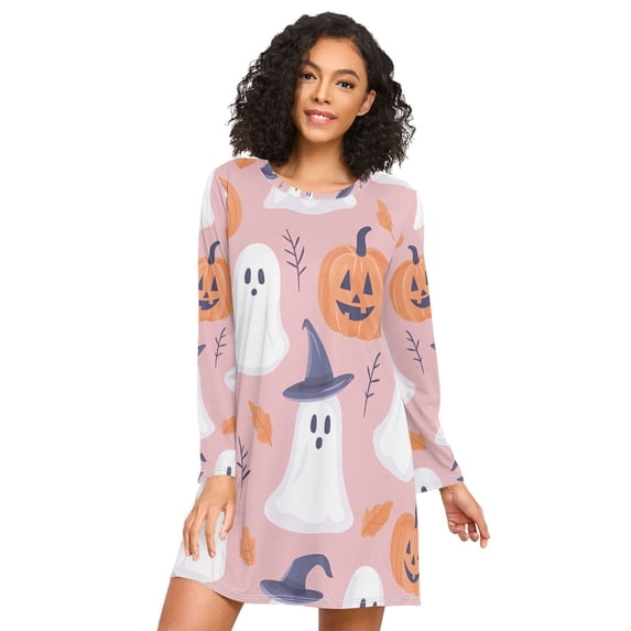 FORMRS Womens Long Sleeve Nightgowns Crew Neck Sleep Shirt Soft Pajamas Sizes S-3XL, Cartoon Halloween Ghosts