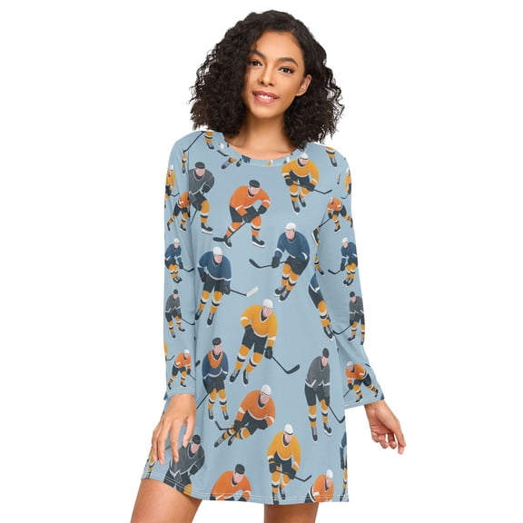 FORMRS Womens Long Sleeve Nightgowns Crew Neck Sleep Shirt Soft Pajamas Sizes S-3XL, Cartoon Hockey Pattern