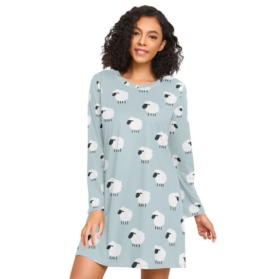FORMRS Womens Long Sleeve Nightgowns Crew Neck Sleep Shirt Soft Pajamas Sizes S-3XL, Cartoon Sheep Pattern
