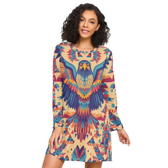 FORMRS Womens Long Sleeve Nightgowns Crew Neck Sleep Shirt Soft Pajamas Sizes S-3XL, Colorful Abstract Eagle