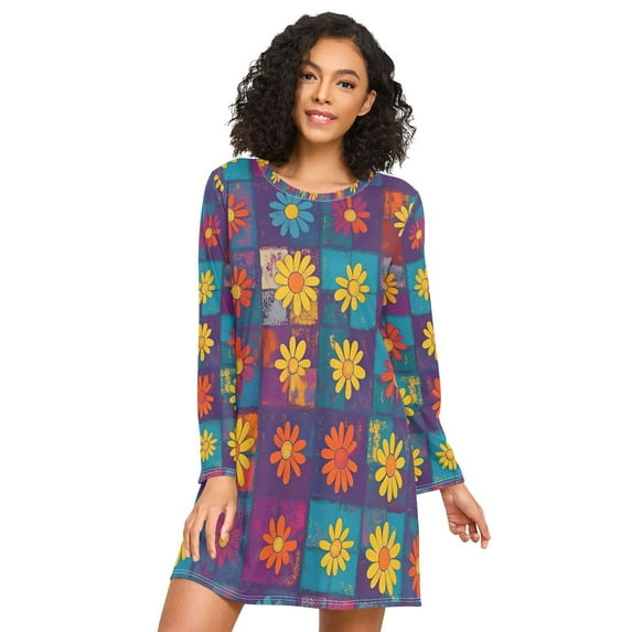FORMRS Womens Long Sleeve Nightgowns Crew Neck Sleep Shirt Soft Pajamas Sizes S-3XL, Colorful Checkered Daisy