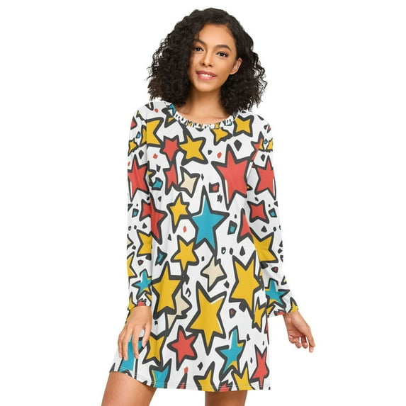 FORMRS Womens Long Sleeve Nightgowns Crew Neck Sleep Shirt Soft Pajamas Sizes S-3XL, Colorful Stars