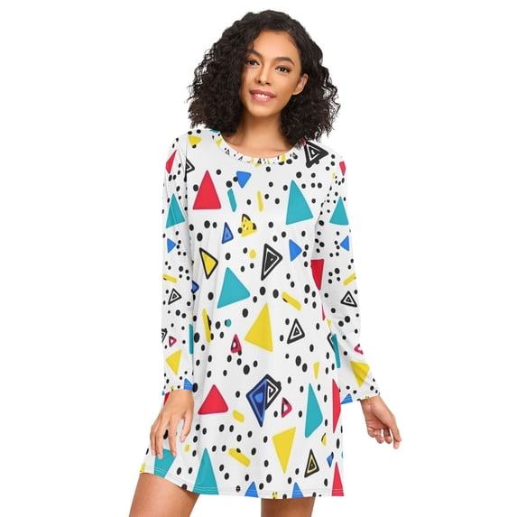 FORMRS Womens Long Sleeve Nightgowns Crew Neck Sleep Shirt Soft Pajamas Sizes S-3XL, Colorful Triangles