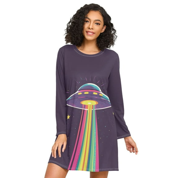 FORMRS Womens Long Sleeve Nightgowns Crew Neck Sleep Shirt Soft Pajamas Sizes S-3XL, Colorful UFO