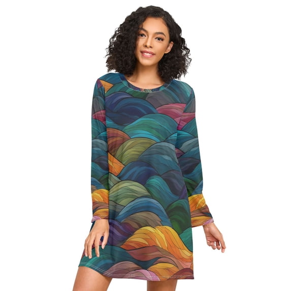 FORMRS Womens Long Sleeve Nightgowns Crew Neck Sleep Shirt Soft Pajamas Sizes S-3XL, Colorful Waves Pattern
