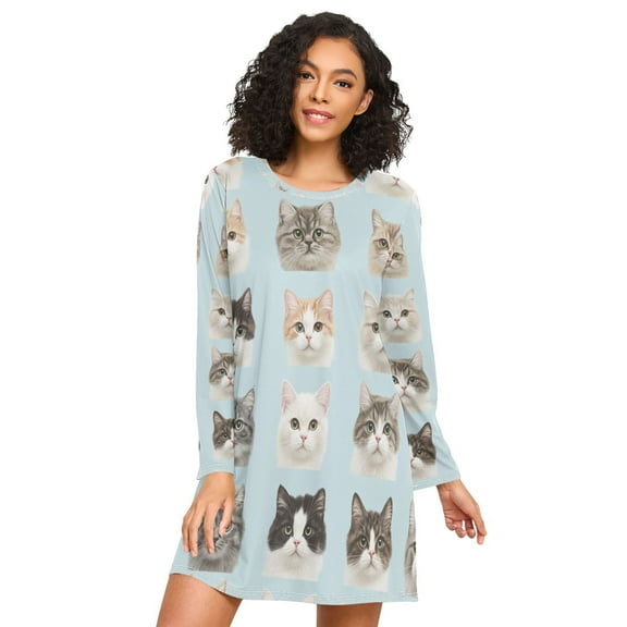 FORMRS Womens Long Sleeve Nightgowns Crew Neck Sleep Shirt Soft Pajamas Sizes S-3XL, Cute Cat Faces