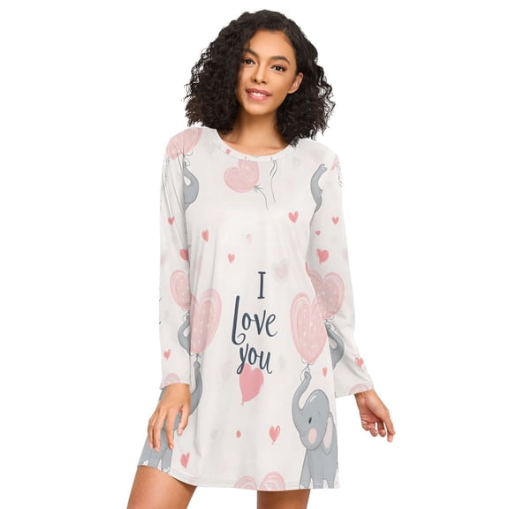 FORMRS Womens Long Sleeve Nightgowns Crew Neck Sleep Shirt Soft Pajamas Sizes S-3XL, Cute Elephant