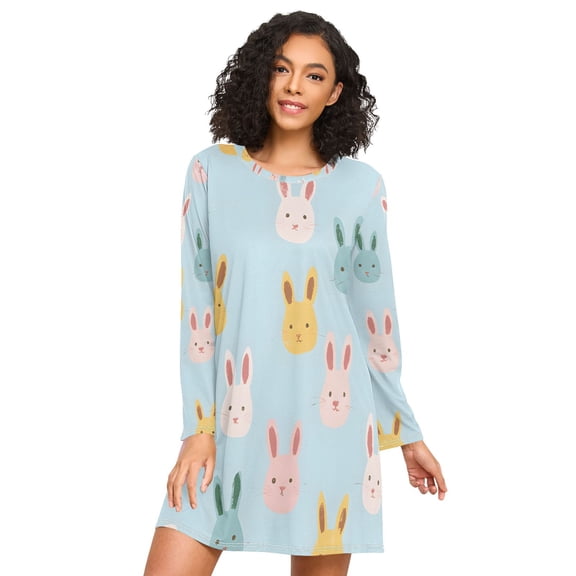 FORMRS Womens Long Sleeve Nightgowns Crew Neck Sleep Shirt Soft Pajamas Sizes S-3XL, Cute Rabbits
