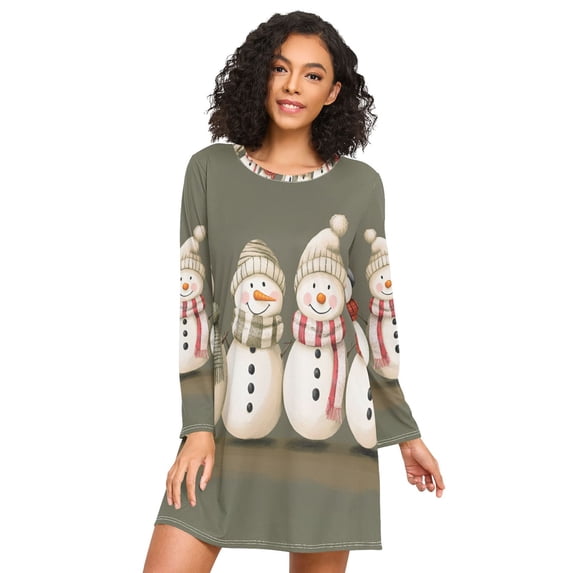 FORMRS Womens Long Sleeve Nightgowns Crew Neck Sleep Shirt Soft Pajamas Sizes S-3XL, Cute Snowmen