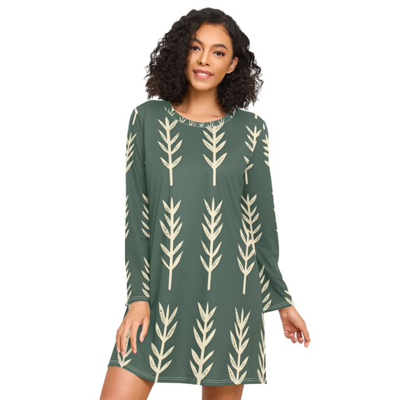 FORMRS Womens Long Sleeve Nightgowns Crew Neck Sleep Shirt Soft Pajamas Sizes S-3XL, Dark Green Leaves