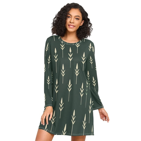 FORMRS Womens Long Sleeve Nightgowns Crew Neck Sleep Shirt Soft Pajamas Sizes S-3XL, Dark Green Plants