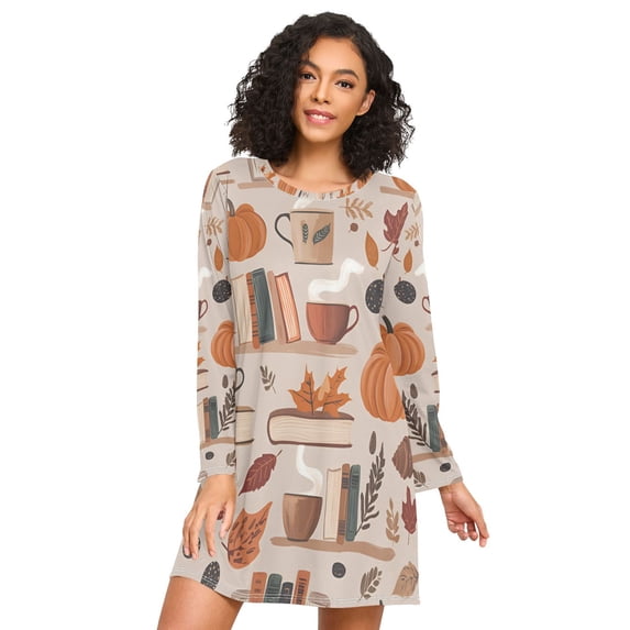 FORMRS Womens Long Sleeve Nightgowns Crew Neck Sleep Shirt Soft Pajamas Sizes S-3XL, Fall Acorns Pattern