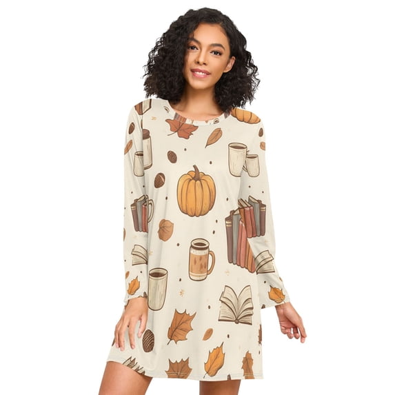 FORMRS Womens Long Sleeve Nightgowns Crew Neck Sleep Shirt Soft Pajamas Sizes S-3XL, Fall Beige Pumpkin