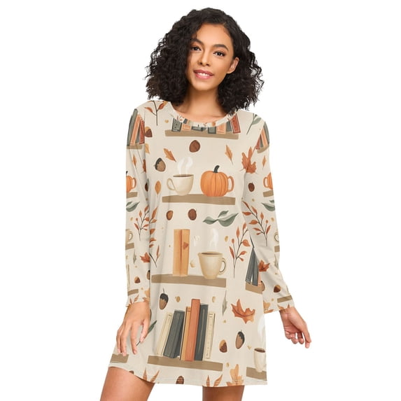 FORMRS Womens Long Sleeve Nightgowns Crew Neck Sleep Shirt Soft Pajamas Sizes S-3XL, Fall Book Shelf