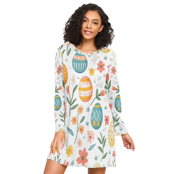 FORMRS Womens Long Sleeve Nightgowns Crew Neck Sleep Shirt Soft Pajamas Sizes S-3XL, Floral Easter Eggs