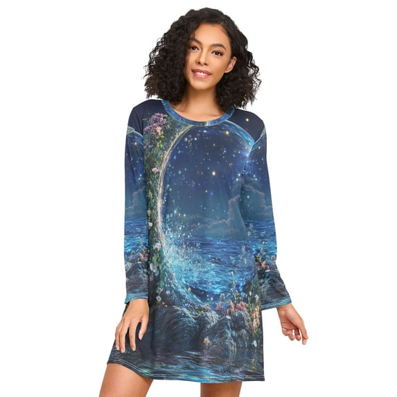 FORMRS Womens Long Sleeve Nightgowns Crew Neck Sleep Shirt Soft Pajamas Sizes S-3XL, Floral Occean