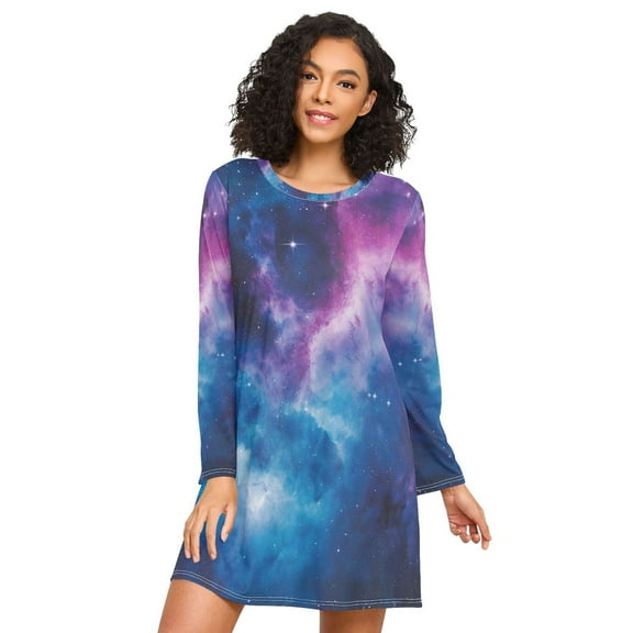 FORMRS Womens Long Sleeve Nightgowns Crew Neck Sleep Shirt Soft Pajamas Sizes S-3XL, Galaxy Pattern
