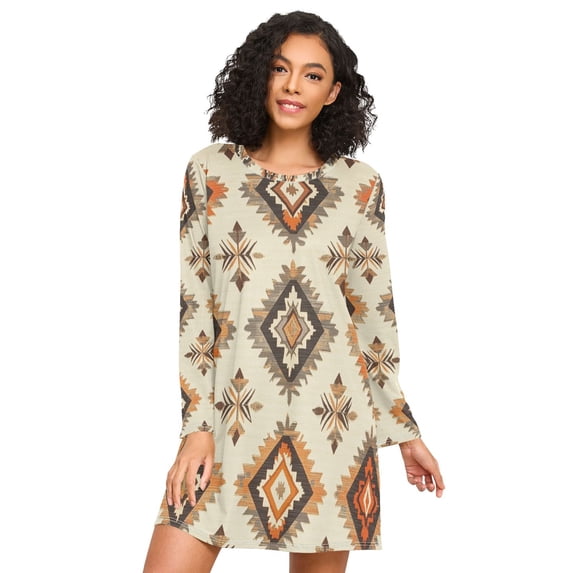 FORMRS Womens Long Sleeve Nightgowns Crew Neck Sleep Shirt Soft Pajamas Sizes S-3XL, Geometric Designs