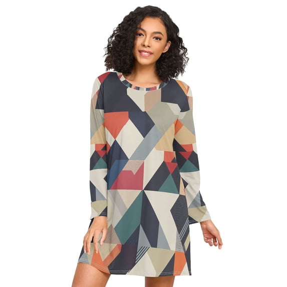 FORMRS Womens Long Sleeve Nightgowns Crew Neck Sleep Shirt Soft Pajamas Sizes S-3XL, Geometric Pattern