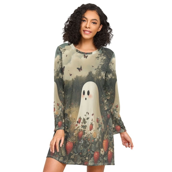 FORMRS Womens Long Sleeve Nightgowns Crew Neck Sleep Shirt Soft Pajamas Sizes S-3XL, Ghost in Strawberry Fields