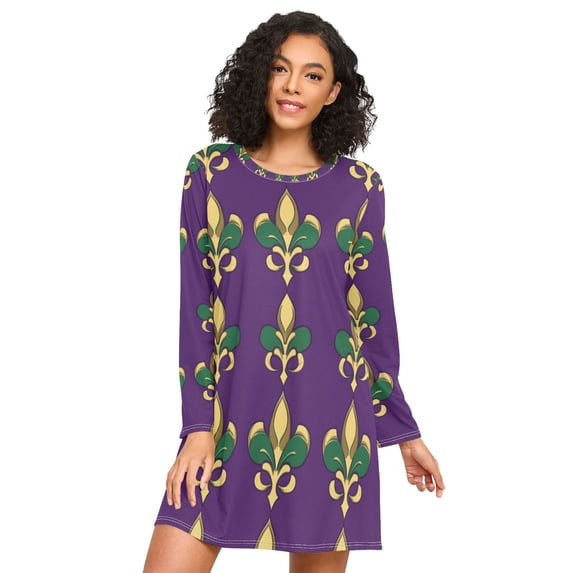FORMRS Womens Long Sleeve Nightgowns Crew Neck Sleep Shirt Soft Pajamas Sizes S-3XL, Gold and Green Floral Pattern