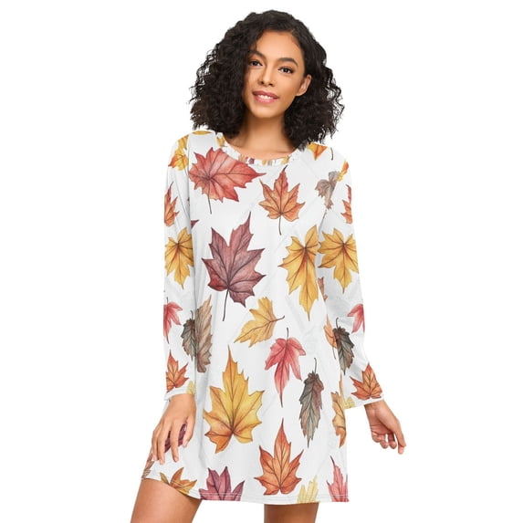 FORMRS Womens Long Sleeve Nightgowns Crew Neck Sleep Shirt Soft Pajamas Sizes S-3XL, Gray Autumn Leaves
