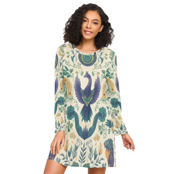 FORMRS Womens Long Sleeve Nightgowns Crew Neck Sleep Shirt Soft Pajamas Sizes S-3XL, Green Animals Pattern