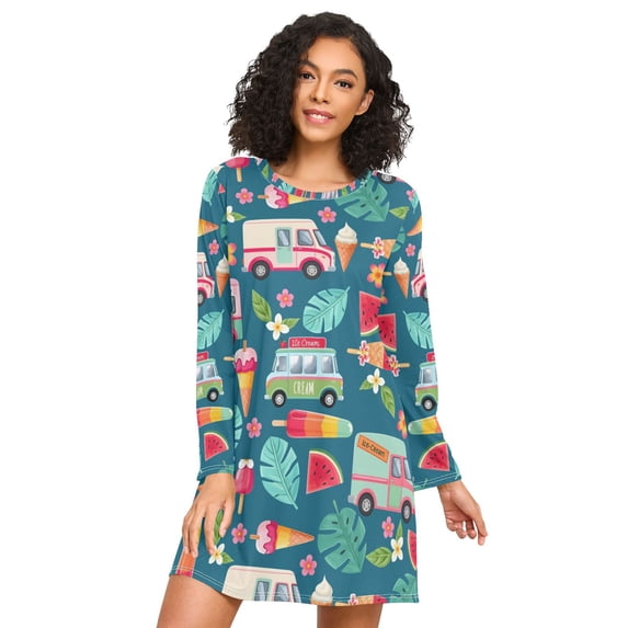 FORMRS Womens Long Sleeve Nightgowns Crew Neck Sleep Shirt Soft Pajamas Sizes S-3XL, Green Cartoon Truck Pattern