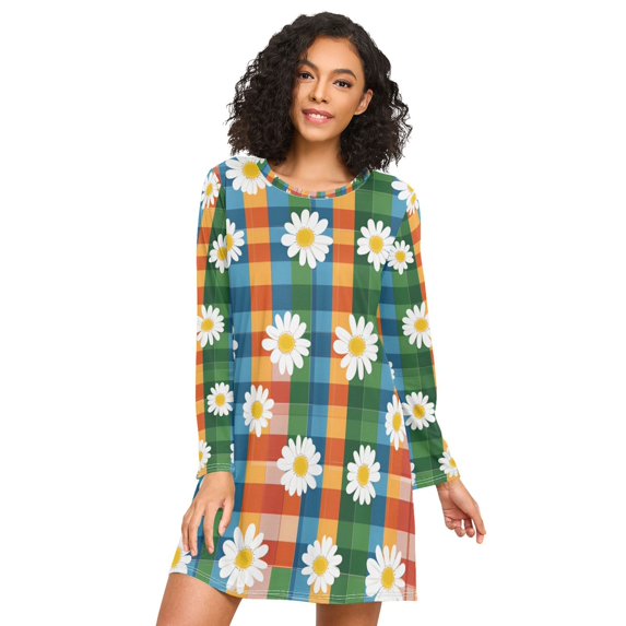 FORMRS Womens Long Sleeve Nightgowns Crew Neck Sleep Shirt Soft Pajamas Sizes S-3XL, Green Checkered Daisy