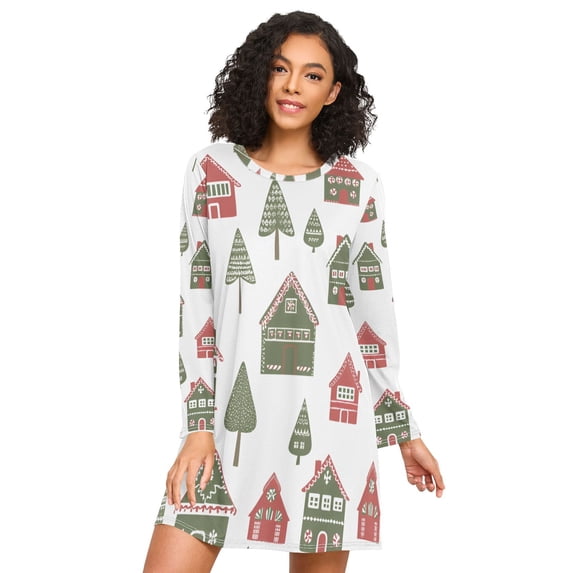 FORMRS Womens Long Sleeve Nightgowns Crew Neck Sleep Shirt Soft Pajamas Sizes S-3XL, Green Christmas House