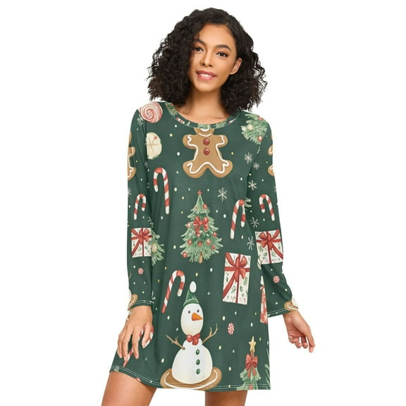 FORMRS Womens Long Sleeve Nightgowns Crew Neck Sleep Shirt Soft Pajamas Sizes S-3XL, Green Christmas Trees