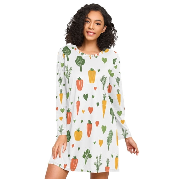 FORMRS Womens Long Sleeve Nightgowns Crew Neck Sleep Shirt Soft Pajamas Sizes S-3XL, Green Cute Vegetables
