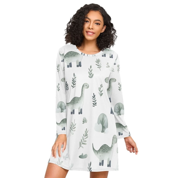 FORMRS Womens Long Sleeve Nightgowns Crew Neck Sleep Shirt Soft Pajamas Sizes S-3XL, Green Dinosaur Pattern