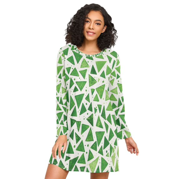 FORMRS Womens Long Sleeve Nightgowns Crew Neck Sleep Shirt Soft Pajamas Sizes S-3XL, Green Dot Triangles Pattern