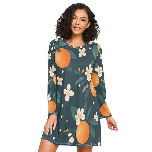 FORMRS Womens Long Sleeve Nightgowns Crew Neck Sleep Shirt Soft Pajamas Sizes S-3XL, Green Floral Oranges
