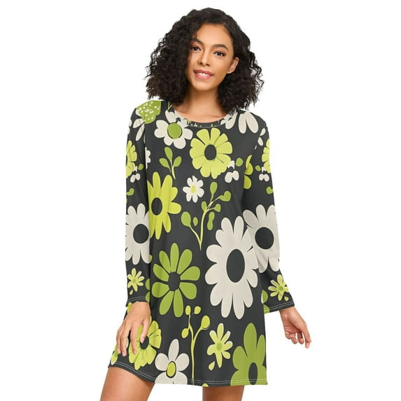 FORMRS Womens Long Sleeve Nightgowns Crew Neck Sleep Shirt Soft Pajamas Sizes S-3XL, Green Flower Pattern