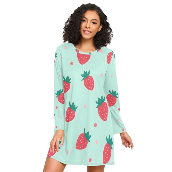 FORMRS Womens Long Sleeve Nightgowns Crew Neck Sleep Shirt Soft Pajamas Sizes S-3XL, Green Strawberry