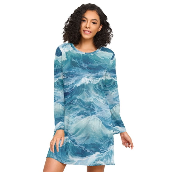 FORMRS Womens Long Sleeve Nightgowns Crew Neck Sleep Shirt Soft Pajamas Sizes S-3XL, Green Watercolor Ocean Waves