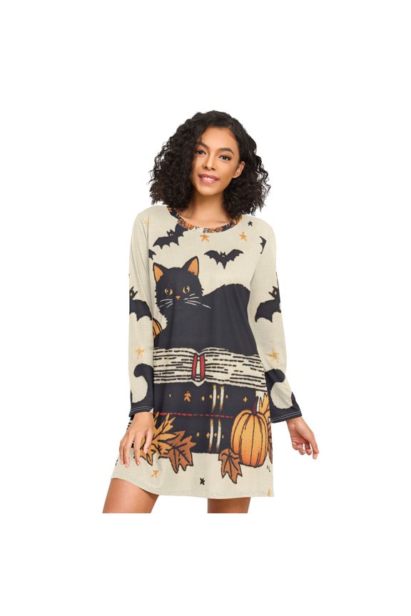 Womens Long Sleeve Nightgowns Crew Neck Sleep Shirt Soft Pajamas Sizes S-3XL, Halloween Cat