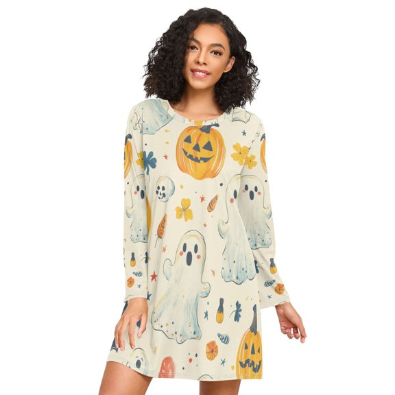 FORMRS Womens Long Sleeve Nightgowns Crew Neck Sleep Shirt Soft Pajamas Sizes S-3XL, Halloween Cute Ghosts