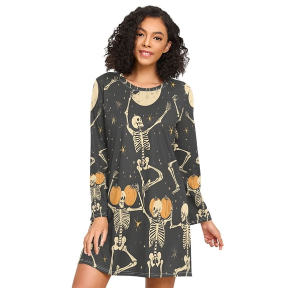 FORMRS Womens Long Sleeve Nightgowns Crew Neck Sleep Shirt Soft Pajamas Sizes S-3XL, Halloween Dancing