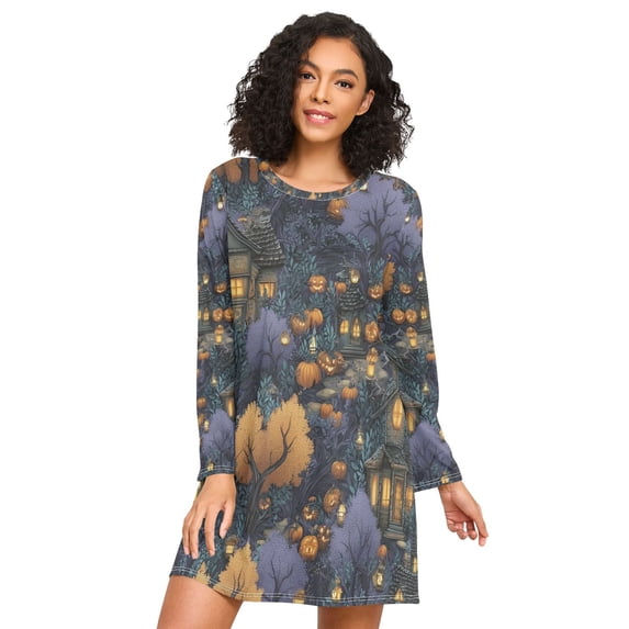 FORMRS Womens Long Sleeve Nightgowns Crew Neck Sleep Shirt Soft Pajamas Sizes S-3XL, Halloween Houses Pattern
