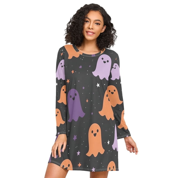FORMRS Womens Long Sleeve Nightgowns Crew Neck Sleep Shirt Soft Pajamas Sizes S-3XL, Halloween Orange Ghosts