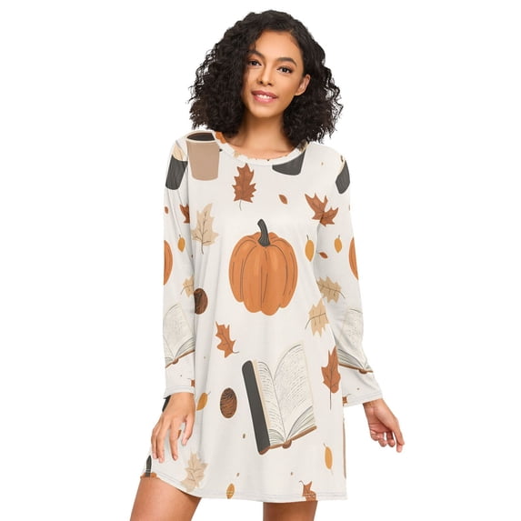 FORMRS Womens Long Sleeve Nightgowns Crew Neck Sleep Shirt Soft Pajamas Sizes S-3XL, Hand Drawn Pumpkin
