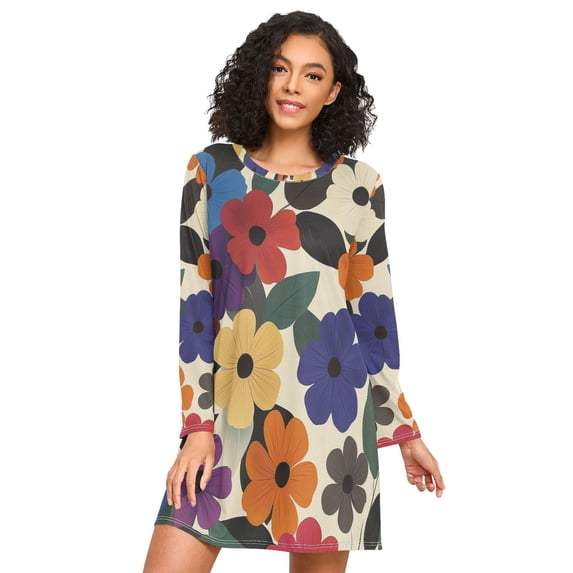 FORMRS Womens Long Sleeve Nightgowns Crew Neck Sleep Shirt Soft Pajamas Sizes S-3XL, Large Colorful Flowers Pattern