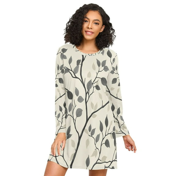 FORMRS Womens Long Sleeve Nightgowns Crew Neck Sleep Shirt Soft Pajamas Sizes S-3XL, Leaves Pattern