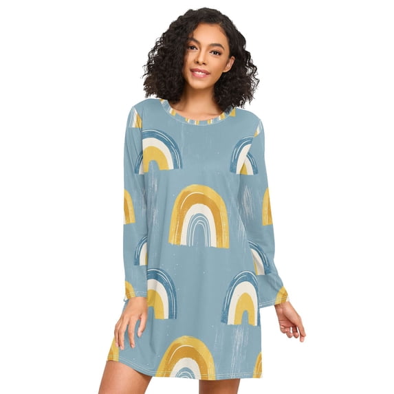 FORMRS Womens Long Sleeve Nightgowns Crew Neck Sleep Shirt Soft Pajamas Sizes S-3XL, Light Blue Rainbow