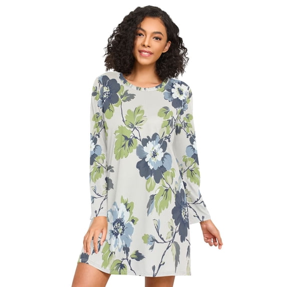 FORMRS Womens Long Sleeve Nightgowns Crew Neck Sleep Shirt Soft Pajamas Sizes S-3XL, Light Floral Pattern