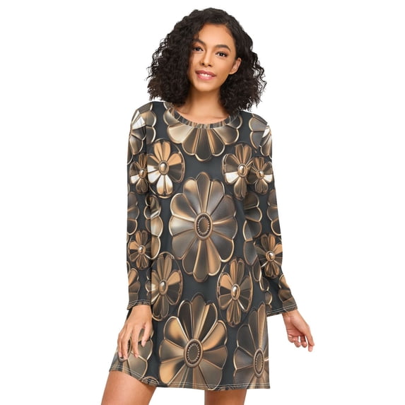 FORMRS Womens Long Sleeve Nightgowns Crew Neck Sleep Shirt Soft Pajamas Sizes S-3XL, Metallic Flower